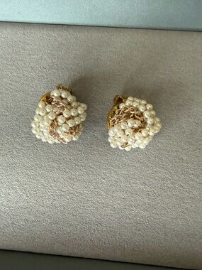 Vintage Gold and Pearl Cluster Clip-On Earrings - Women Jewelry